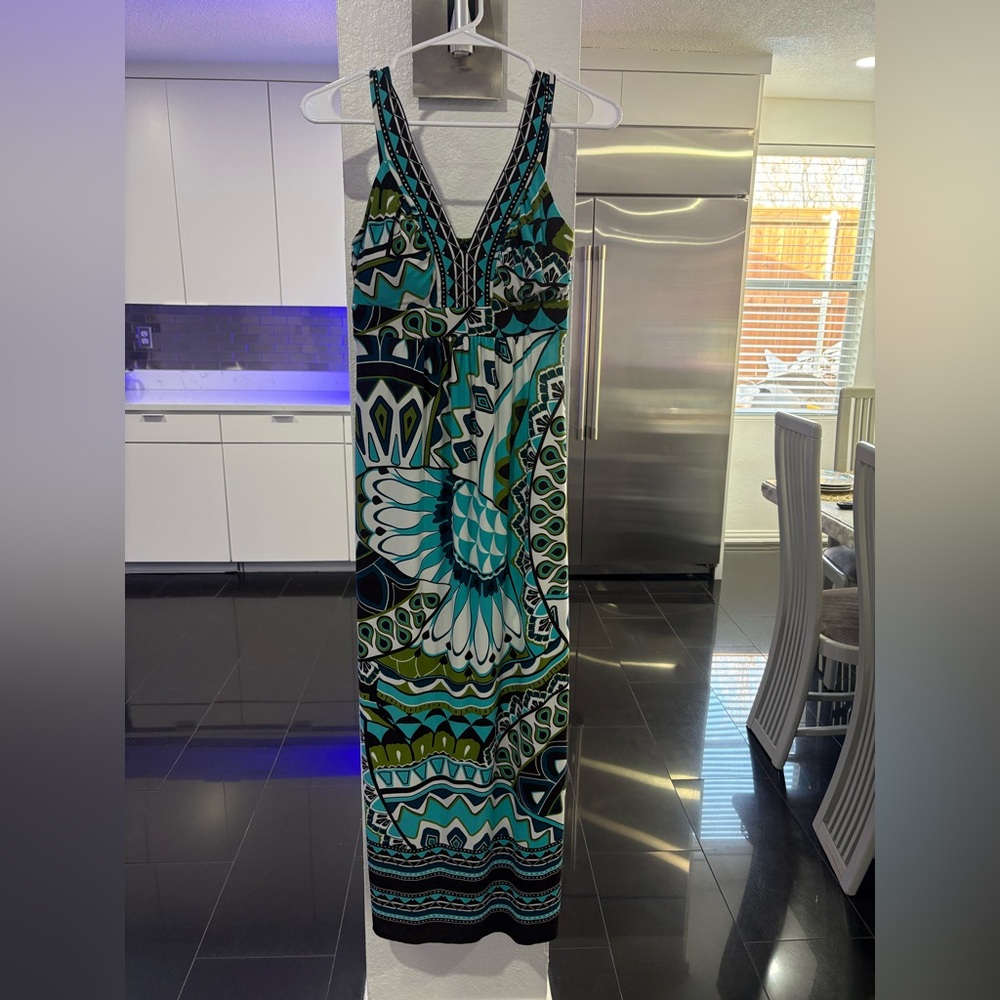Enfocus Studio Teal Green Black White Patterned Maxi Dress